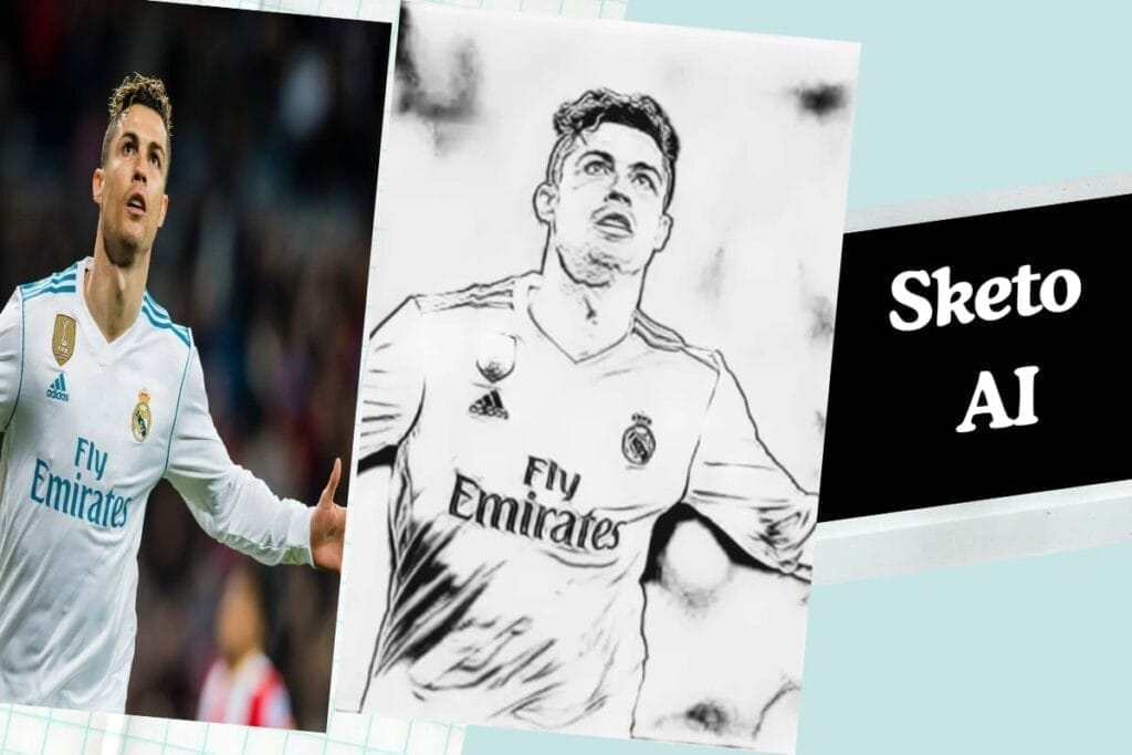 Example of Cristiano Ronaldo’s photo turned into a sketch with Sketo AI.