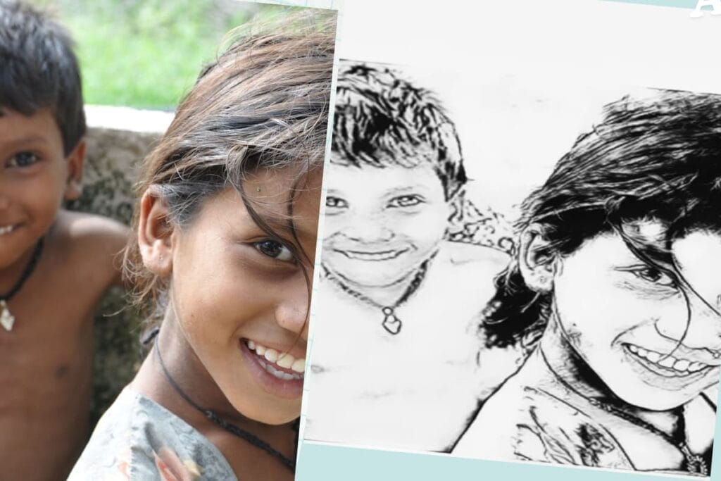 Before and after transformation of two children’s photos into a stunning AI-generated sketch.